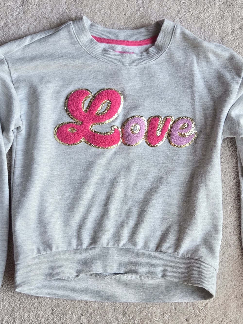 Isaac Mizrahi Gray Sweatshirt with Pink 'Love' Applique and Gold Trim